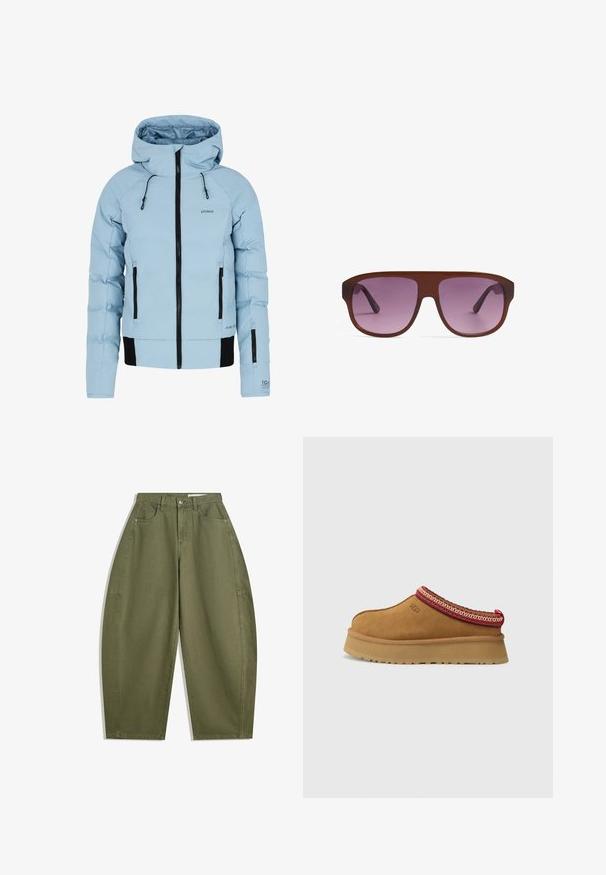 Helle blaue isolierte Jacke mit einem Reißverschluss vorne, schwarzen Akzenten, verstellbarer Kapuze und zwei Seitentaschen. Hergestellt aus wasserdichtem Material.; Marineblaues Langarmoberteil mit weißen und rosa horizontalen Streifen; Rundhalsausschnitt; lockere Passform; weicher Stoff; seitliche Schlitze am Saum für mehr Bewegungsfreiheit.; Olivgrüne weite Hose aus Baumwolle mit hoher Taille, Fronttaschen und glatter Textur. Keine Verzierungen oder Muster.; Braune Wildleder-Slipper mit rot-creamfarbenem gemusterten Besatz, strukturiertem Absatz und UGG-Logo an der Seite. Verfügt über eine leichte Plattformhöhe.; Braune Sonnenbrille mit großen rechteckigen Fassungen und Verlaufslinsen in Lila. Die Bügel sind schlank und setzen die Farbe des Rahmens fort.; Dunkelbraune Wildleder-Hobo-Schultertasche mit breitem, verstellbarem Ledertragegurt und weichem, lässigem Körper vor weißem Hintergrund.