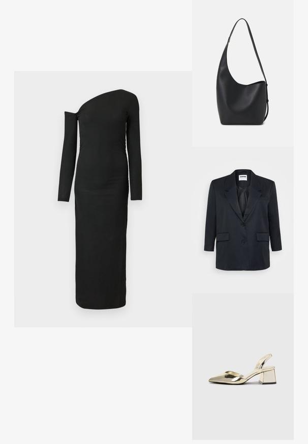 Svart skreddersydd blazer med en enkelt knappelukking, lange ermer, krage med notcher og to frontlommer. Glatt stoff og strukturert design.; Svart, tettsittende langermet kjole med asymmetrisk halslinje og samlet sidetilbehør, laget av ribbet stoff.; Gull, metallisk slingback-hæler med spiss tå og chunky hæl. Glatt tekstur, minimalistisk design og en smal stropp.; Svart lær hobo-veske med glatt tekstur, buet form og enkelt justerbart stropp; har en bred åpning på toppen.