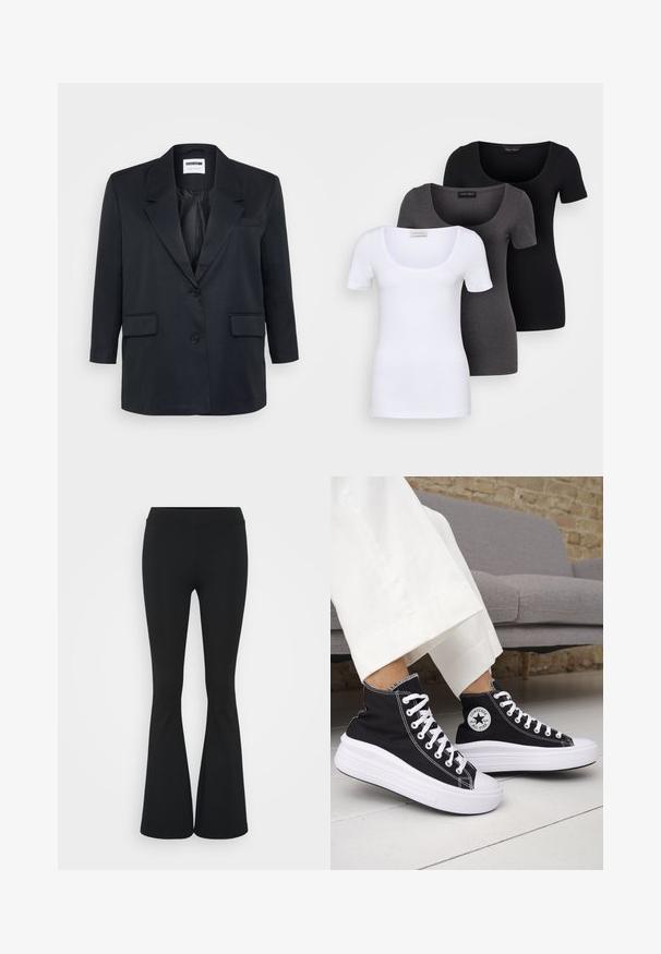 Čierny tailoringový blazer s jednou gombíkovou zapínaním, dlhými rukávmi, výrezmi na klopách a dvoma prednými vreckami. Hladká tkanina a štruktúrovaný dizajn.; Tričko v bielej, šedej a čiernej farbe s priliehavým strihom. Každé má široký výstrih a krátke rukávy. Vyrobené z hladkej, elastickej tkaniny.; Čierne rozšírené nohavice vyrobené z elastického materiálu, s vysokým pásom a hladkou textúrou. Nohavice sa rozširujú od kolena.; Čierne vysoké tenisky s bielymi gumovými podrážkami a šnúrkami. Obsahujú okrúhlu nášivku s logom a kontrastné biele prešívanie. Materiál je plátený.