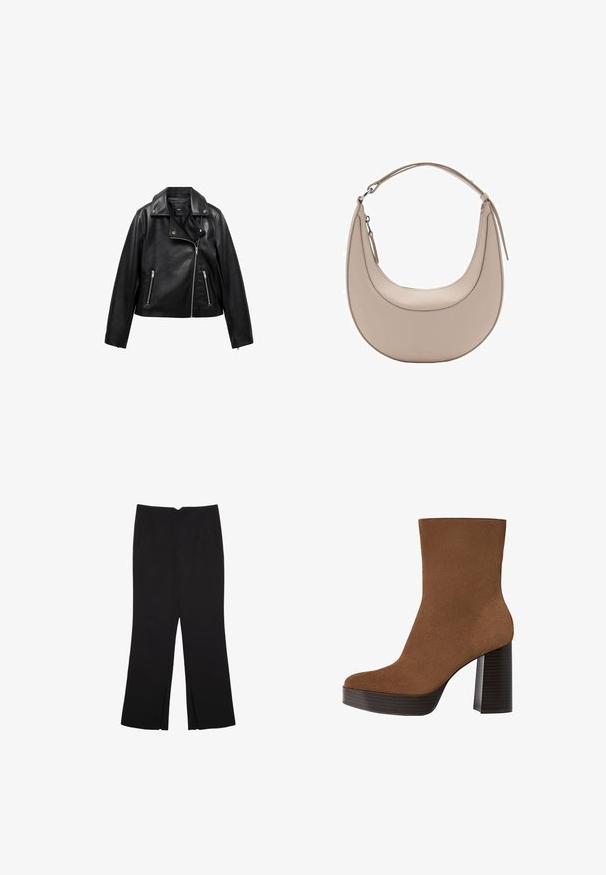 Crna kožna motoristička jakna sa zatvaračem sprijeda, dva bočna džepa i izrezanom ovratnikom. Glatka tekstura i skraćeni dizajn.; Tamno sivi kratki rukav s izrezom u obliku čamca. Izrađen od rebrastog materijala, s opuštenim krojem i ravnim rubom. Jednostavan dizajn, bez uzoraka.; Crne hlače ravnog kroja, s prednjim džepovima i bočnim prorezima na rubu. Izrađene od mekog i glatkog materijala. Pogodne za razne prigode.; Smeđe nubuk čizme do gležnja s zaobljenim nosom, debelim crnim prugastim potplatom i glatkom površinom. Imaju uski dizajn bez vidljivog hardvera.; Bež kožna torba za rame u obliku polumjeseca, glatke teksture i s jednim zakrivljenim ručkom. Sadrži zatvor na zip i uredno šivenje.