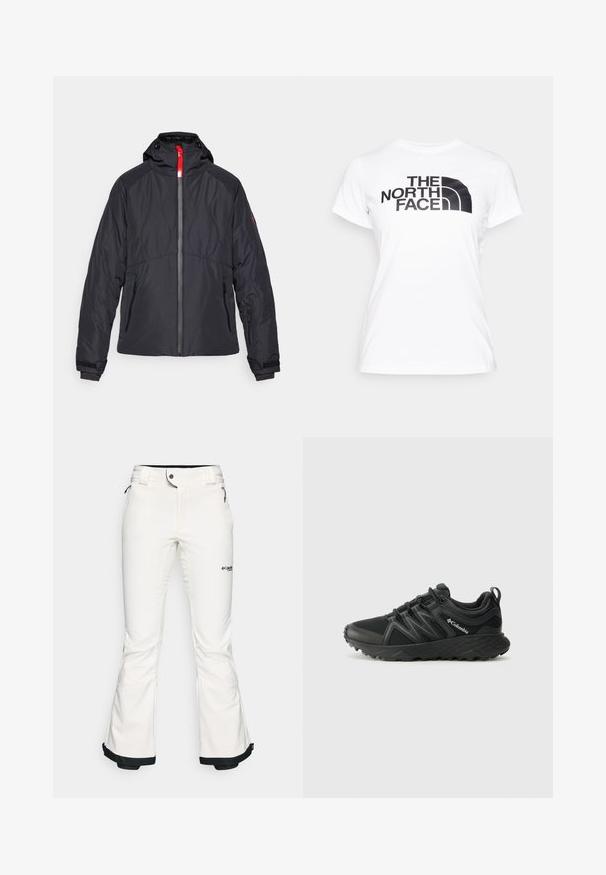 Melna izolēta jaka ar rāvējslēdzēju priekšpusē, sarkanu akcentu, regulējamu kapuci un rāvējslēdzēju kabatām. Iezīmēts ar kviltētu dizainu uz torsu.; Balts kokvilnas T-krekls ar melnu grafiku, kurā redzams "THE NORTH FACE" logo uz priekšpuses. Īsas piedurknes un apaļa kakla izgriezums.; Baltas slēpošanas bikses, kas izgatavotas no mīksta, elastīga materiāla. Aizdare ir pielāgota viduklim, plašas, izplestas kājas un melns apdare pie piedurknēm. Redzams zīmola logo.; Columbia PEAKFREAK - Pārgājienu apavi - black