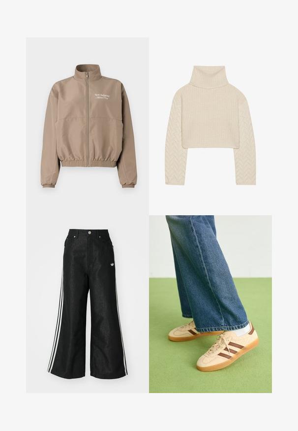 Kreemjas tuulejope kõrge kraega, elastsete mansettide ja alumise ääraga. Ees on tõmblukk ja "New Balance Athlete Club" logo.; Kreemi värvi lühike sviiter kõrge kaelusega, tekstuuriga kootud keha ja herringbone-mustriga varrukatega. Valmistatud pehmest lõngast.; Mustad mustadeline denimipüksid, millel on kummalgi küljel kolm valget triipu ja väike valge logo. Omab esikotte ja nööbiga kinnihoidmist.; Beežid spordijalatsid tekstuursete kreemjatest paneelidest ja pruunidest triipudest, koos siniste denim pükstega. Püksid on avara säärega ja narmendava äärega.