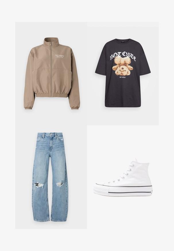 Tanjastopna jakna s visokim ovratnikom, elastičnim manžetama i donjim rubom. Ima prednji patentni zatvarač i logo "New Balance Athlete Club".; Crna oversized majica s grafikom medvjeda i natpisom "NIJE SLATKO, ALI DIVLJE" u podebljanim, bijelim slovima. Pamuk.; Svijetloplave, visoko-strukirane traperice. Imaju široke nogavice, dva razderana područja na koljenima i klasičan stil s pet džepova.; Bijela visoka platnena tenisica s crnom gumenom potplatom, prednjim gumenim zaštitnikom prstiju i šest rupa za vezanje, s čistim, minimalističkim dizajnom.