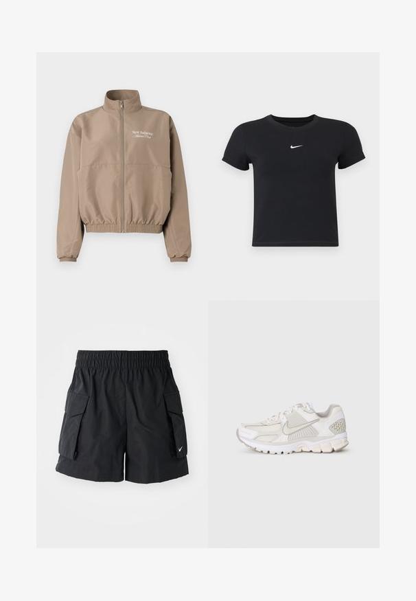 Beige vindjakke med høy krage, elastiske mansjetter og bunnkant. Har glidelås foran og "New Balance Athlete Club"-logo.; Svart T-skjorte med kort arm laget av bomull med rund hals. Har en hvit Nike-logo på brystet, minimalistisk design og tettsittende fasong.; Svarte cargo shorts laget av lett stoff, med elastisk midjebånd, to sidelommer og en liten hvit logo på kanten.; Hvit atletisk sko laget av mesh og syntetiske materialer. Har et teksturert design, polstret krage og geometriske detaljer på hælen.