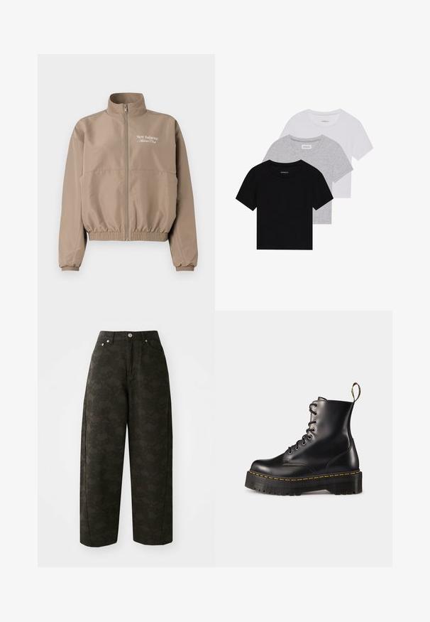 Beige Windbreaker-Jacke mit hohem Kragen, elastischen Bündchen und Saum. Verfügt über einen Frontreißverschluss und ein "New Balance Athlete Club"-Logo.; Set aus drei kurzärmeligen T-Shirts in Schwarz, Grau und Weiß. Hergestellt aus Baumwolle, mit Rundhalsausschnitt und einem einfachen, einfarbigen Design.; Dunkelgrüne weit geschnittene Hosen verfügen über ein strukturiertes Blumenmuster, ein Fünf-Taschen-Design und Metallknopfverschlüsse an der Taille.; Schwarze Leder-Schnürstiefel mit knöchelhohem Schaft, einer robusten schwarzen Sohle und gelben Nähten. Verfügt über eine Lasche hinten und runde Metallösen.