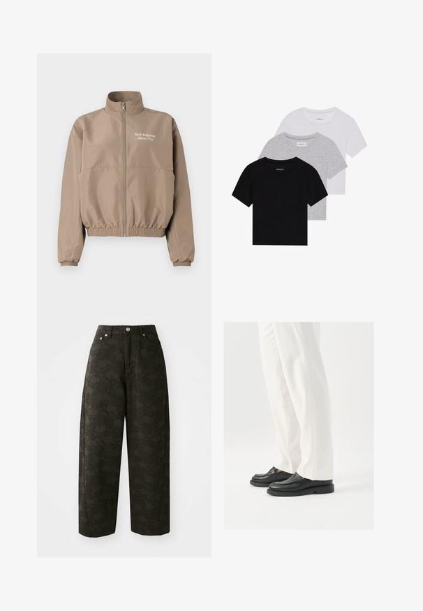 Beige vindjacka med hög krage, elastiska ärmslut och nederkant. Har en blixtlås fram och "New Balance Athlete Club"-logotyp.; Set med tre kortärmade t-shirts i svart, grått och vitt. Tillverkade av bomull, med rund hals och en enkel, enfärgad design.; Mörkgröna byxor med vida ben har ett texturerat blommönster, fem fickor och metallknäppningar i midjan.; Svarta läderskor med slät yta, sömdetaljer och rundad tå, parat med vita skräddarsydda byxor.