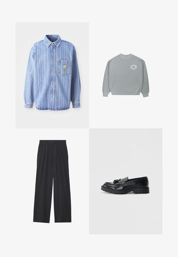 Hele sinine denim särk, millel on vertikaalsed valged triibud, punktkaelus, nööbiga eesmine osa, üks rinna tasku ja Carhartti logo silt.; Heledhalli crewneck särk ripsmetega varrukaotsades ja allservas, millel on vasakul rinnal väike valge kettlinkide ringikujuline logo.; Laiene püksid, mis on valmistatud tumedast hallist kangast. Omavad vööümbrikus voldikuid, on kohandatud disainiga ja sirge siluett.; Musthave nahkased mustad loafers, millel on läikiv viimistlus, turske kummitald ja dekoratiivne fraktsioon ees.
