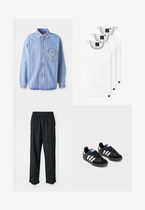 Light blue denim shirt with vertical white stripes, point collar, button-down front, single chest pocket, and Carhartt logo patch.; Three white ribbed tank tops made of cotton. Features a crew neck and small black labels near the hem. Available in multiple sizes.; Black athletic pants with an elastic waistband, made of smooth fabric, featuring subtle side stitching and a relaxed fit, straight leg design.; Black sneakers with a suede and synthetic upper, featuring three white stripes, textured rubber sole, and blue logo tag on the tongue.