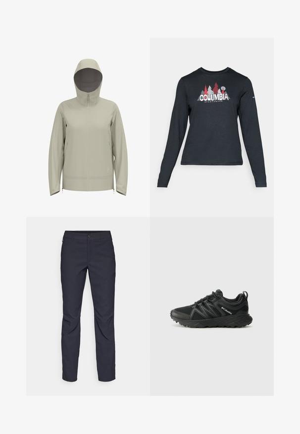 Giacca impermeabile beige chiaro con cappuccio, zip sul davanti, maniche lunghe e dettagli con coulisse in vita e ai polsi. Texture liscia.; Maglietta a maniche lunghe grigia scura con una grafica di alberi rossi e montagne; logo "COLUMBIA" in caratteri bianchi in grassetto. Tessuto morbido, scollatura a girocollo standard.; Pantaloni blu navy realizzati in tessuto liscio, con chiusura frontale a bottone, design slim-fit e pieghe decorative sulle ginocchia.; Columbia PEAKFREAK - Scarpa da hiking - black
