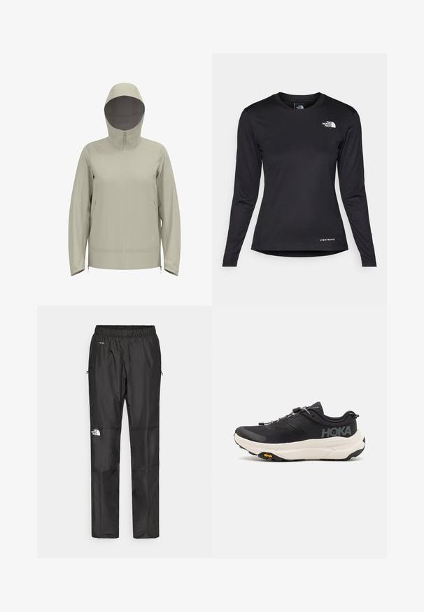 Casaco impermeável de cor bege claro, com capuz, fecho de correr frontal, mangas longas e detalhes em cordão na cintura e punhos. Textura suave.; The North Face SHADOW LONG SLEEVE - Camisola de manga comprida - black; Calças pretas à prova d'água feitas de um tecido leve, com cintura elástica, bolsos laterais e um logótipo na perna esquerda.; Ténis de desporto pretos com um cabedal em malha respirável, sola de borracha, entressola branca com amortecimento e atacadores refletivos. Logótipo Vibram na sola.