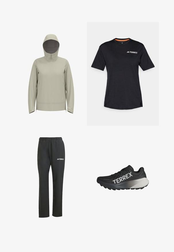 Giacca impermeabile beige chiaro con cappuccio, zip sul davanti, maniche lunghe e dettagli con coulisse in vita e ai polsi. Texture liscia.; T-shirt nero a maniche corte con scollo rotondo, caratterizzato da una leggera texture mélange e dal logo bianco "TERREX" sul lato superiore sinistro.; Pantaloni leggeri neri con elastico in vita. Presentano un discreto logo "TERREX" in bianco. Tessuto morbido e design a gamba dritta.; Scarpe da corsa nere con una parte superiore testurizzata, prominente logo "TERREX" in bianco, design del suola affusolato e un accento grigio sfumato sul tallone.