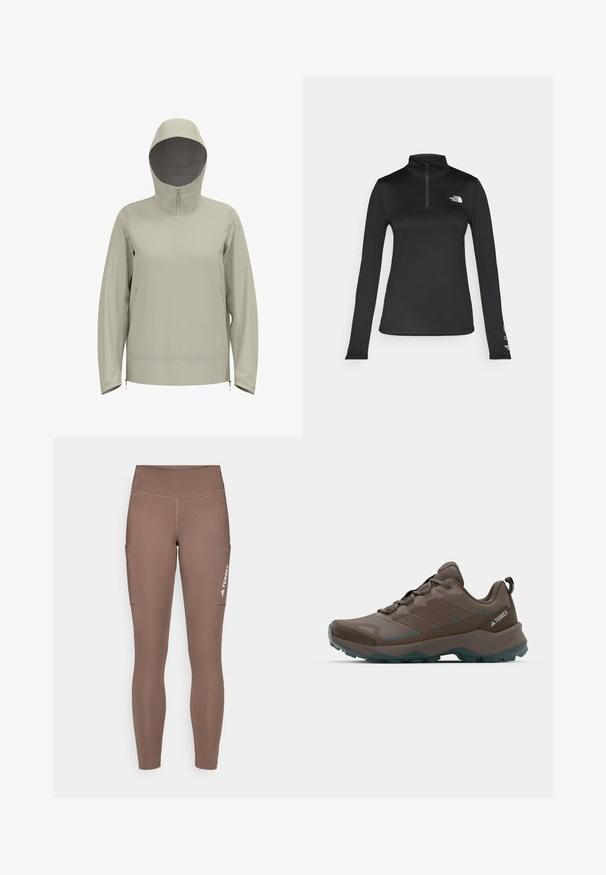 Svetlo bež vodoodporna jakna s kapuco, sprednjim zadrgo, dolgimi rokavi in vrvico na pasu ter manšetah. Gladka tekstura.; The North Face FLEX 1/4 ZIP GRAPHIC - Majica z dolgimi rokavi - black; Rjave športne legice z visokim pasom, ki imajo stranske žepe in belo logo. Gladek, elastičen material za udobje in gibljivost.; Sive in temno zeleni pohodni čevlji z mrežastimi paneli, teksturiranim zgornjim delom in trpežnim gumijastim podplatom. Imajo podloženi jezik in vezalni sistem.