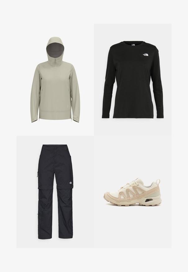 Světle béžová nepromokavá bunda s kapucí, předním zipem, dlouhými rukávy a šňůrkami v pase a na manžetách. Hladká textura.; Černé tričko s dlouhým rukávem vyrobené z bavlny s kulatým výstřihem. Na levé části hrudi se nachází malé bílé logo. Jednoduchý design a střih.; Černé nylonové cargo kalhoty na zip s nastavitelnými manžetami, několika kapsami a logem na pravé noze. Hladká, lehká textura.; Béžová a krémová sportovní obuv s texturovaným síťovaným svrškem, podpůrnými překryvy a gumovou podrážkou s dezénem pro lepší přilnavost.