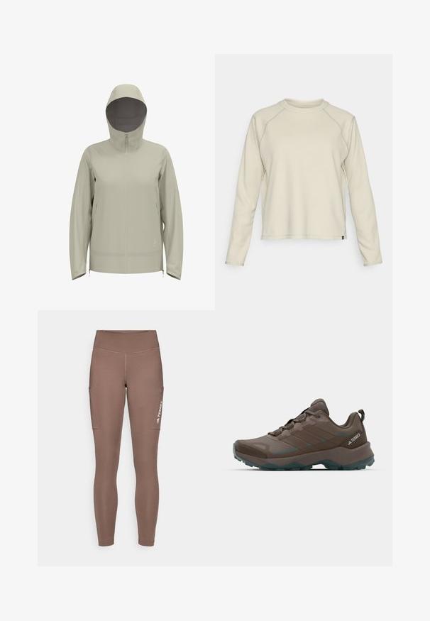 Veste imperméable beige clair avec capuche, fermeture éclair à l'avant, manches longues et accents à cordon à la taille et aux poignets. Texture lisse.; Haut beige clair à manches longues avec un design texturé et côtelé. Comprend des manches raglan et un col arrondi. Logo de la marque discret au niveau de l'ourlet.; Leggings de sport marron avec une taille haute, dotés de poches latérales et d'un logo blanc. Tissu lisse et extensible pour le confort et la liberté de mouvement.; Chaussures de randonnée grises et sarcelle avec des panneaux en maille, un dessus texturé et une semelle extérieure en caoutchouc robuste. Comprend une languette rembourrée et un design à lacets.