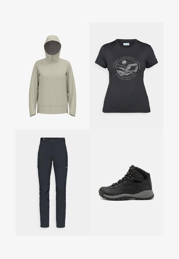 Giacca impermeabile beige chiaro con cappuccio, zip sul davanti, maniche lunghe e dettagli con coulisse in vita e ai polsi. Texture liscia.; Maglietta nera Columbia con arte lineare bianca di una montagna circolare e un fiume, e il testo "Columbia Sportswear Company Outside Since 1938."; Pantaloni da uomo per attività all'aperto, grigio scuro, realizzati in materiale elastico, dotati di cintura, tasche con zip e cuciture rinforzate.; Stivale da trekking nero con design a metà altezza, dotato di una tomaia texturizzata, accenti grigi e suola in gomma resistente con tasselli per la trazione.