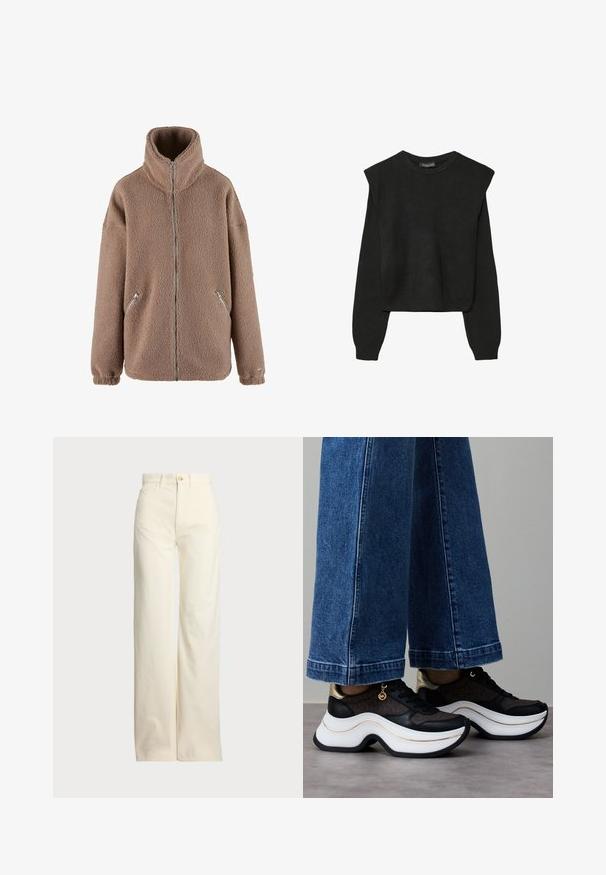 aim’n® Fleecetakki - dark clay; Mustat pitkätuuliseset neulepaidat, joissa on toppaukset harteilla sekä ribbaus hihansuissa ja helmassa, esitetty valkoista taustaa vasten.; Polo Ralph Lauren COTTON CORDUROY WIDE-LEG PANT - Housut - warm white; Mustat ja kultaiset tennarit, joissa on kaareva valkoinen pohja. Teksturoitu kangas, jossa on logokoristeita. Yhdistetty leveisiin sinisiin farkkuihin.