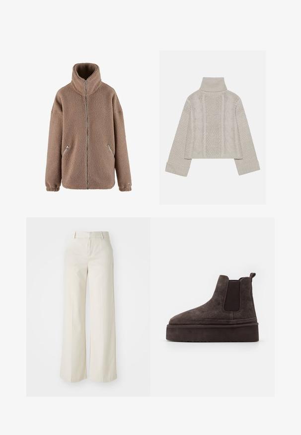 aim’n® Fleecejacka - dark clay; Beskurad, ljusgrå stickad tröja med hög krage och ribbade manschetter, med strukturerade kablar som går längs bakstycket och sidorna.; Vidbenade byxor i en ljus beige färg, gjorda av ett slätt tyg. Har en klassisk midja och flat front med rena linjer.; Bruna mockaskinn Chelsea-stövlar med elastiska sidopaneler och en tjock, texturerad platåsål. Har en dragflik vid hälen för enkel påtagning.