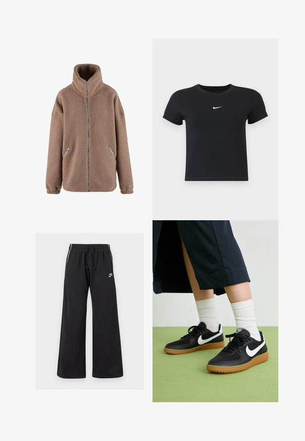 aim’n® Fleece jacket - dark clay; Black short-sleeve t-shirt made of cotton with a round neckline. Features a white Nike logo on the chest, minimalistic design, and fitted shape.; Black sweatpants made of soft fabric, featuring an elastic waistband with a drawstring, side stripes, and a small logo on the front left.; Black leather and synthetic sneakers with white Nike swoosh, rubber gum sole, round toe, and black laces. Ribbed white socks visible.