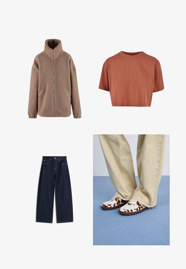 aim’n® Fleecetakki - dark clay; Lyhythihainen terrakottavärinen crop-top, joka on valmistettu pehmeästä puuvillasta, pyöreällä kaula-auolla ja selkeällä, yksinkertaisella designilla.; Tummansiniset leveälahkeiset farkut, joissa on etutaskut, nappisuljenta ja näkyvät saumat valkoisella taustalla.; Valkoiset ja ruskeat kuvioidut lenkkarit, joissa on verkko- ja nahkamateriaalit, ruskeilla kumipohjilla. Yhdistetty vaaleanbeigeihin leveänlahkeisiin housuihin.