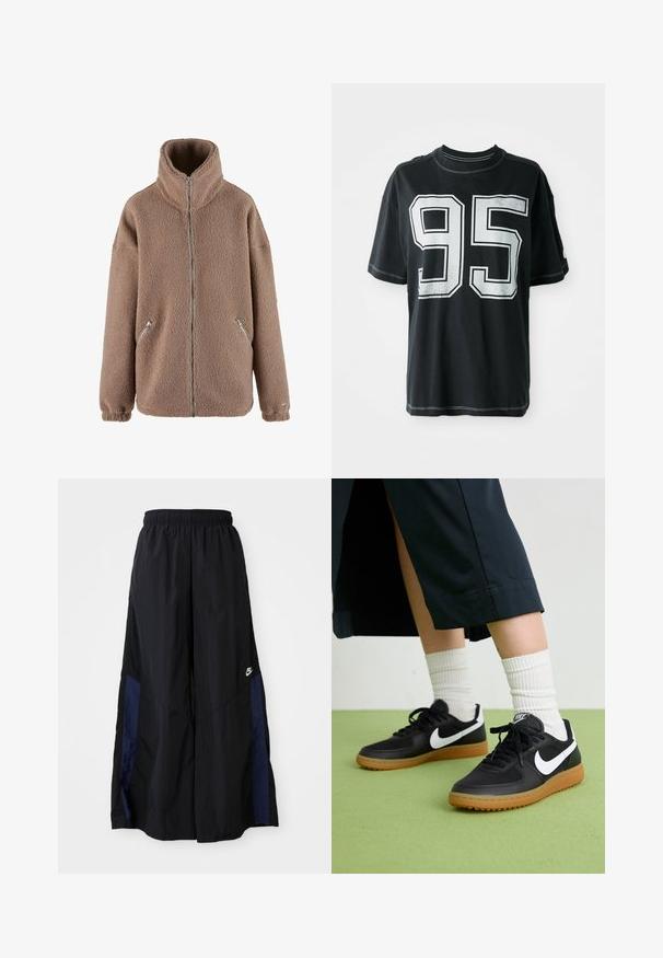 aim’n® Giacca in pile - dark clay; T-shirt di cotone nero con maniche corte, caratterizzata da un numero "95" stampato in bianco sul davanti e cuciture a contrasto lungo i bordi.; Pantaloni neri a gamba larga realizzati in tessuto leggero, con un pannello laterale blu navy e una cintura elastica. Piccolo logo bianco sul fondo.; Sneaker in pelle nera e sintetica con logo Nike bianco, suola in gomma, punta rotonda e lacci neri. Calze bianche a righe visibili.