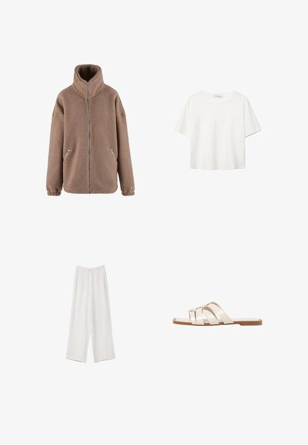 aim’n® Flísová bunda - dark clay; Biela krátkopsová tričko vyrobené z bavlny. Má okrúhly výstrih a voľný strih. Hladká textúra bez viditeľných vzorov alebo akcentov.; Biele široké nohavice vyrobené z ľahkej tkaniny. Obsahujú elastický pás so sťahovacou šnúrkou a bočné vrecká. Hladká textúra.; Ploché sandále s hnedou gumovou podrážkou, navrhnuté s tromi prekrývajúcimi sa bielymi koženými popruhmi a malou mašličkou uprostred.