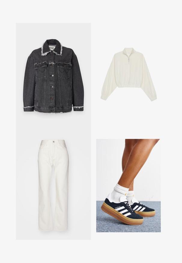 Mustkunstmustest mustmustest mismustega, misülal fringed gael, esiaga alal kaks eesmist taskut, nupulukuga ja lõdva istuvusega. Wrangler'i silt nähtav sees.; Kreemfarbenest lühikese varrukaga kudum, millel on kõrge kaelus, pool tõmblukk, elastne allosa ja varrukad, sile tekstuur ja minimaalne disain.; Valged denim püksid kõrge vöökoht ja laia säärega. Omab nupuvajutust ja tõmblukku, vöö loops ja peene õmblemise detailid.; Mustad seemisnahast tossud valgete triipude ja detailidega, ümarate varbassosadega, kummist välistallaga, paaritatud valgete soonikuliste meessokkidega.