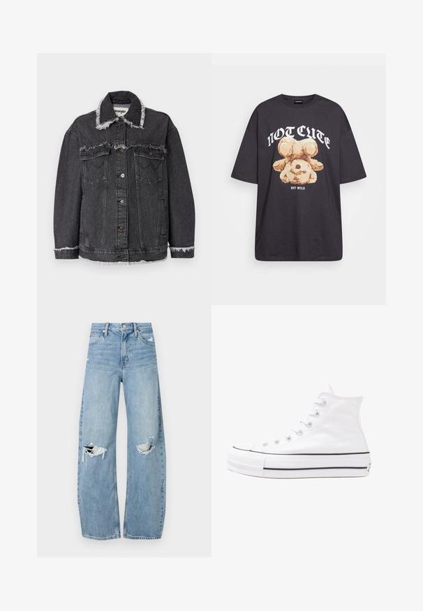 Zwarte denimjacket met rafelige kraag en onderzoom, voorzien van twee voorzakken, knoopsluiting en een relaxte pasvorm. Wrangler-label zichtbaar aan de binnenkant.; Zwart oversized t-shirt met een afbeelding van een beer en de tekst "NIET SCHATTIG, MAAR WILD" in grote, witte letters. Gemaakt van katoen.; Lichtblauwe, hooggeritste jeans van denim. Beschikken over wijde pijpen, twee gescheurde knievalken en klassieke vijfzakken styling.; Witte high-top canvas sneakers met een zwarte rubberen zool, een rubberen neuskap aan de voorkant en zes gaatjes voor veters, met een schone, minimalistische uitstraling.