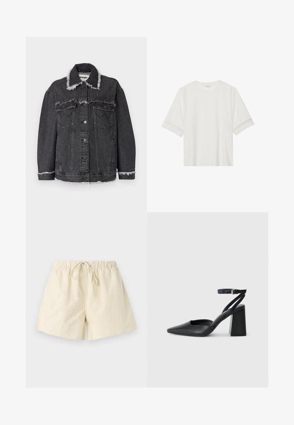 Μαύρο τζάκετ από τζιν με φθαρμένο γιακά και τελείωμα, διαθέτοντας δύο μπροστινές τσέπες, κλείσιμο με κουμπιά και άνετη εφαρμογή. Ετικέτα Wrangler ορατή στο εσωτερικό.; Λευκό κοντομάνικο μπλουζάκι φτιαγμένο από βαμβάκι, με διακοσμητική δαντέλα κατά μήκος των μανικιών και στρογγυλή λαιμόκοψη.; Μπεζ σορτς με ελαστική μέση και κορδόνι, με χαλαρή γραμμή και λεία υφή. Χωρίς ορατές τσέπες ή σχέδια.; Μαύρο δερμάτινο ψηλοτάκουνο παπούτσι με οξύ μυτερό τόξο, λουράκι στον αστράγαλο και χοντρό τακούνι. Λείος υφασματισμός, κομψός σχεδιασμός και μινιμαλιστική αισθητική.