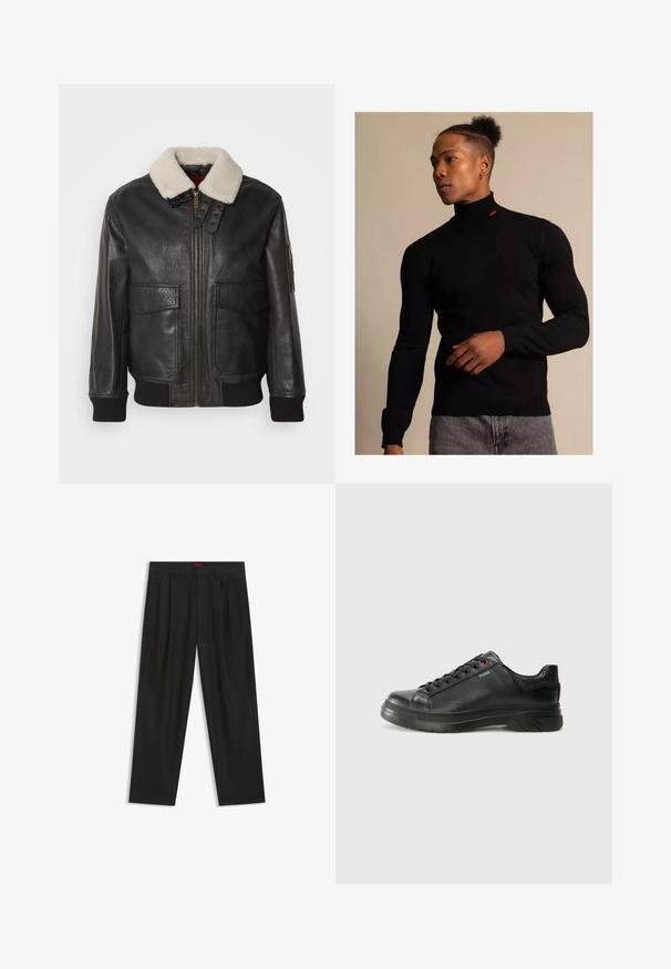 Svart läder bomberjacka med en vit fårskinnskrage. Har guldfärgad dragkedja, två framfickor, ribbade manschetter och en strukturerad design.; Svart polotröja i ribbat material med långa ärmar. Har en liten röd logotyp vid halsen. Kombinationen bärs med grå jeans.; Svarta byxor med vikta detaljer, bred benform och en slät textur. Har en röd midjebandsetikett.; Svart lädersneaker med texturerad ovandel, vadderat krage och röd logotypdetalj. Utrustad med en tjock gummisula med distinkt mönster.