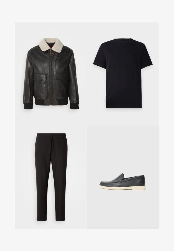 Fekete bőr bomber dzseki fehér bundás gallérral. Arany cipzárral, két elülső zsebből, bordázott mandzsettákkal és strukturált dizájnnal rendelkezik.; Fekete, rövid ujjú póló sima pamutból, kerek nyakkivágással és klasszikus szabással, minták vagy látható fémrészek nélkül.; Fekete jogger nadrág sima anyagból. Rugalmas derekú, húzózsinórral, tapered lábakkal és látható zsebek nélkül készül. Egyszerű dizájn.; Fekete bőr, slip-on stílusú loaferek, texturált felülettel és kontrasztos bézs gumitalppal. A frontrészén finom díszítéssel rendelkezik.