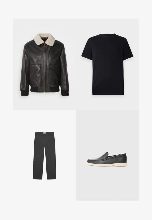 Black leather bomber jacket with a white shearling collar. Features gold zipper, two front pockets, ribbed cuffs, and a structured design.; Black short-sleeve T-shirt made of smooth cotton, featuring a crew neckline and a classic fit without any patterns or visible hardware.; Gray tailored trousers with a straight-leg cut, featuring a button closure, side pockets, and a smooth fabric texture.; Black leather slip-on loafers with a textured finish and a contrasting beige rubber sole. Features a subtle accent along the front.