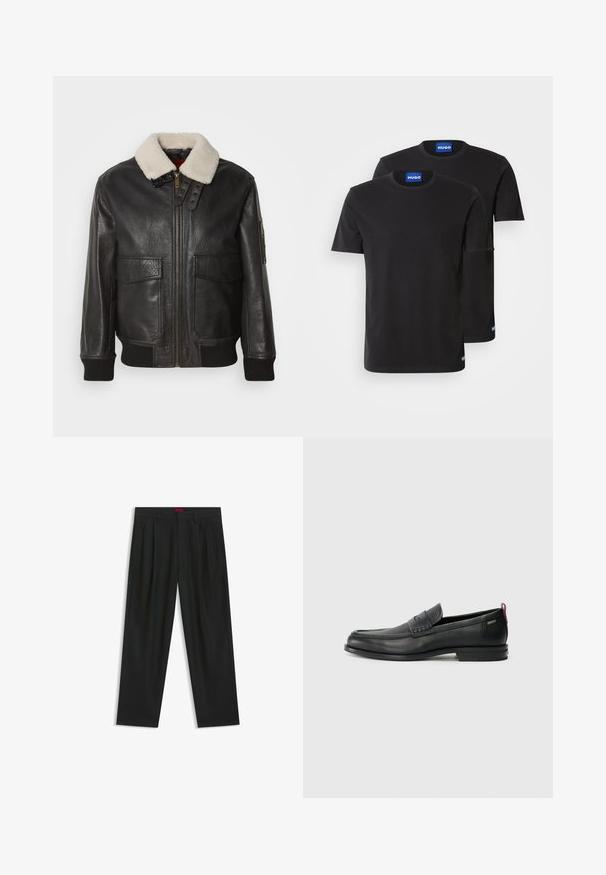 Schwarze Leder-Bomberjacke mit einem weißen Schafslederkragen. Verfügt über einen goldenen Reißverschluss, zwei Fronttaschen, gerippte Bündchen und ein strukturiertes Design.; Zwei schwarze Baumwoll-T-Shirts mit Rundhals, kurzen Ärmeln und blauen "HUGO"-Labels an den Kragen und seitlichen Säumen.; Schwarze Hose mit einem gefältelten Design, weiter Beinform und glatter Textur. Verfügt über ein rotes Taillenlabel.; Schwarze Lederloafers mit einem strukturierten Vorderteil und glatten Seiten. Sie verfügen über einen schmalen Absatz und eine Schlaufe an der Rückseite für einfaches Anziehen. Klassisches Design.