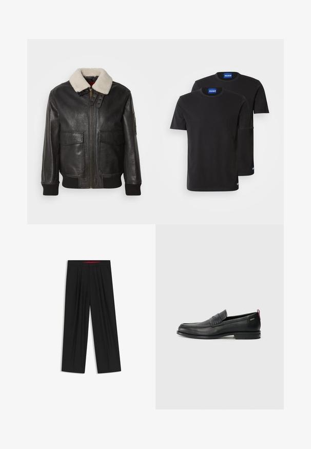 Zwarte leren bomberjack met een witte schapenvacht kraag. Voorzien van een gouden ritssluiting, twee voorzakken, geribbelde manchetten en een gestructureerd ontwerp.; Twee zwarte katoenen T-shirts met ronde hals, korte mouwen en blauwe "HUGO" labels op de kragen en zijsplitten.; Zwarte wijde broek met een vlakke voorkant, twee zijzakken, geplooid ontwerp en een contrasterende rode binnenband.; Zwarte leren instappers met een textuur aan de voorkant en gladde zijden. Voorzien van een slanke hak en een lus aan de achterkant voor gemakkelijk aan- en uittrekken. Klassiek ontwerp.