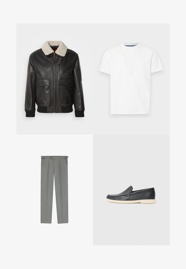 Black leather bomber jacket with a white shearling collar. Features gold zipper, two front pockets, ribbed cuffs, and a structured design.; White short-sleeve T-shirt made of cotton. Features a crew neckline with a blue inner trim and a subtle embroidered logo on the chest.; Light gray tailored trousers with a textured finish, featuring pleats, belt loops, and a button closure at the waist.; Black leather slip-on loafers with a textured finish and a contrasting beige rubber sole. Features a subtle accent along the front.