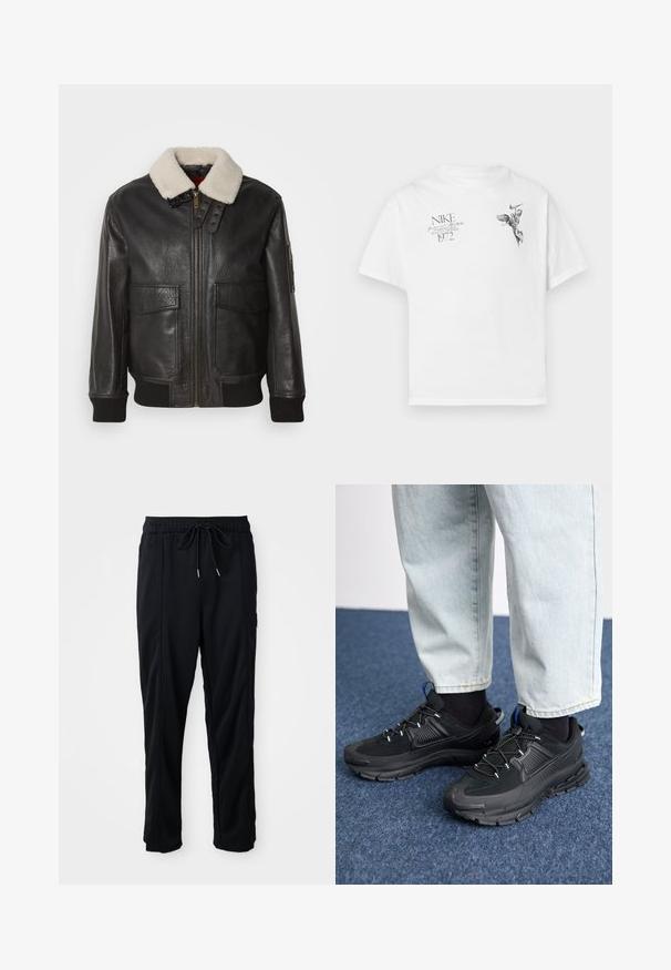 Jachetă bomber din piele neagră cu guler din blană albă. Are fermoar aurit, două buzunare frontale, manșete cu model și un design structurat.; Tricou alb din bumbac cu un imprimeu grafic negru al unei figuri cu aripi și text, cu gât rotund și mâneci scurte.; Pantaloni casual negri cu șnur la talie, cu buzunare laterale și croială dreaptă, pe un fundal simplu.; Pantofi sport negri, cu țesătură texturată și tălpi din cauciuc, având șireturi elastice și un accent albastru pe toc. Purtați cu pantaloni din denim deschis.