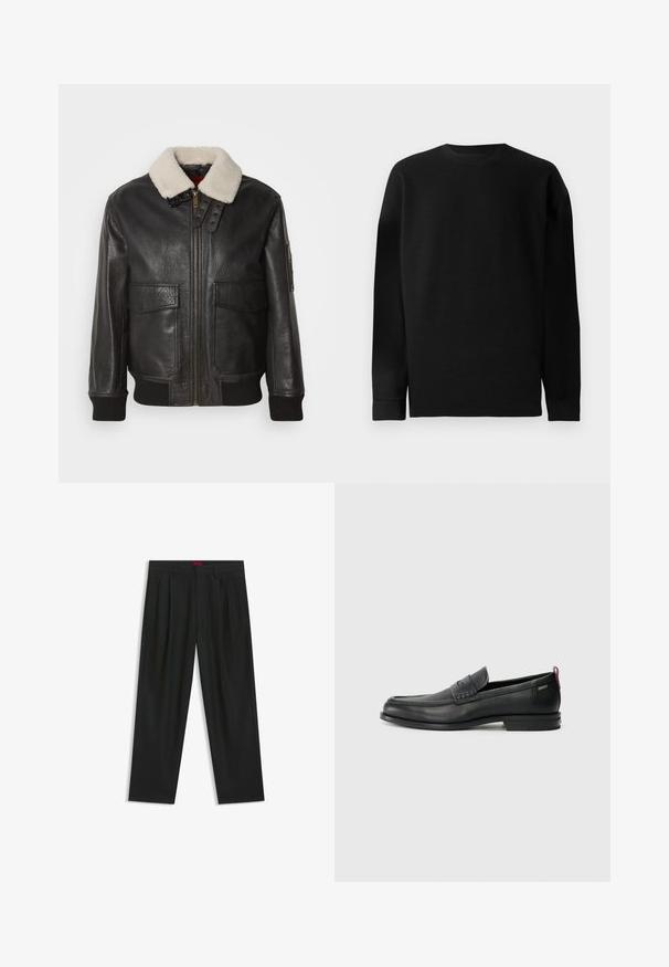 Schwarze Leder-Bomberjacke mit einem weißen Schafslederkragen. Verfügt über einen goldenen Reißverschluss, zwei Fronttaschen, gerippte Bündchen und ein strukturiertes Design.; Schwarzer, langärmeliger Pullover aus Rippmaterial. Mit Rundhalsausschnitt und geradem Saum sowie eng anliegenden Bündchen. Schlichtes Design in einfarbiger Optik.; Schwarze Hose mit einem gefältelten Design, weiter Beinform und glatter Textur. Verfügt über ein rotes Taillenlabel.; Schwarze Lederloafers mit einem strukturierten Vorderteil und glatten Seiten. Sie verfügen über einen schmalen Absatz und eine Schlaufe an der Rückseite für einfaches Anziehen. Klassisches Design.