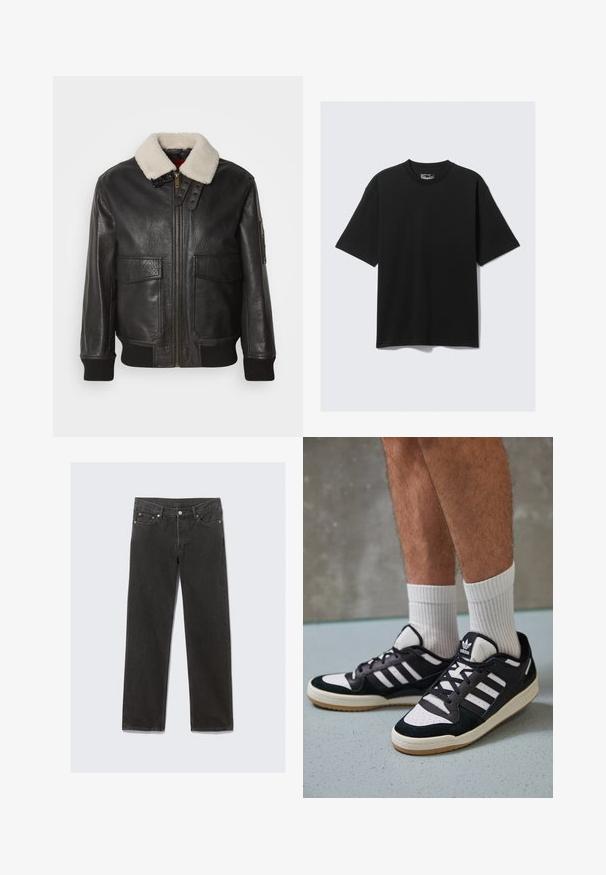 Schwarze Leder-Bomberjacke mit einem weißen Schafslederkragen. Verfügt über einen goldenen Reißverschluss, zwei Fronttaschen, gerippte Bündchen und ein strukturiertes Design.; Schwarzes T-Shirt mit kurzen Ärmeln aus Baumwolle, im Freizeitschnitt und mit Rundhalsausschnitt. Minimalistisches Design ohne Muster oder Akzente.; Schwarze Denim-Jeans mit geradem Bein in klassischem Fünf-Taschen-Design, mit orangefarbenen Nähten und Reißverschluss.; Schwarz-weiße Sneaker mit einem Obermaterial aus Wildleder und Leder, ausgestattet mit drei weißen Streifen, einer perforierten Zehenpartie und einer Sohle aus Gummi.