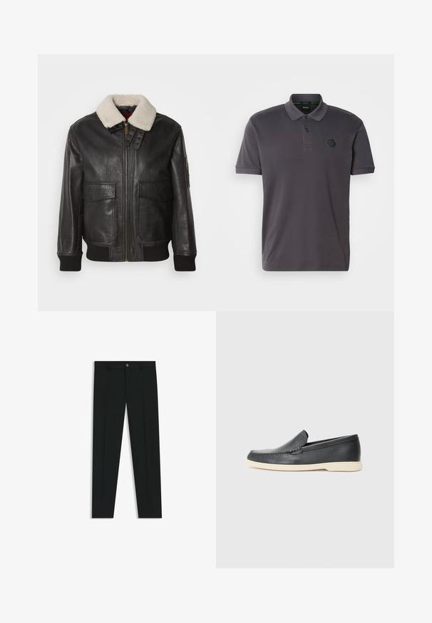 Schwarze Leder-Bomberjacke mit einem weißen Schafslederkragen. Verfügt über einen goldenen Reißverschluss, zwei Fronttaschen, gerippte Bündchen und ein strukturiertes Design.; Dunkelgraues Poloshirt mit kragenlosem Ausschnitt, kurzen Ärmeln, zwei Knöpfen und einem strukturierten, sechseckigen Logo auf der Brust. Glatte Stoffoberfläche.; Schwarze Anzughosen mit geradem Bein, aus glattem Stoff. Mit Knopfverschluss vorne und Gürtelschlaufen. Schlicht ohne Muster.; Schwarze Leder-Slipper mit strukturiertem Finish und einer kontrastierenden beige Gummisohle. Mit einem dezenten Akzent an der Vorderseite.