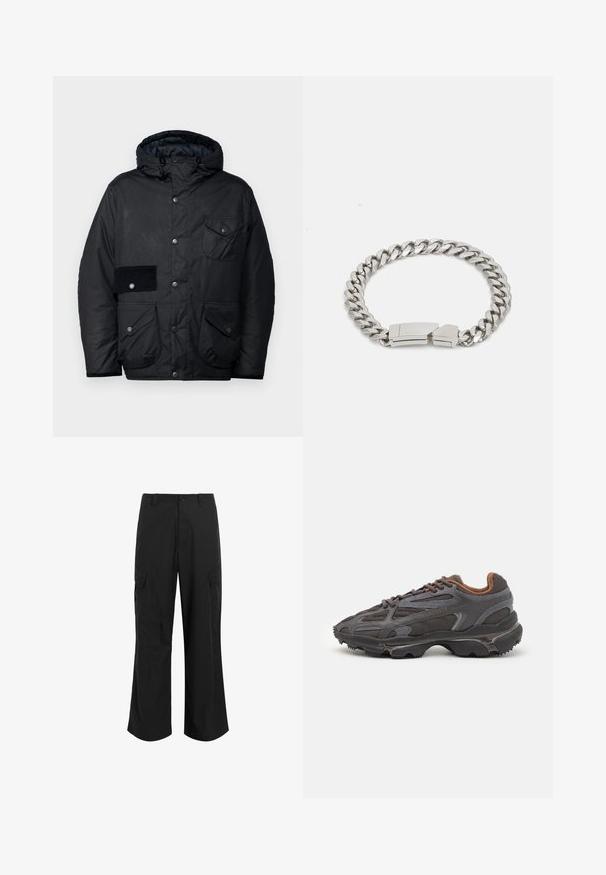 Black padded jacket featuring a hood, snap buttons, multiple pockets, corduroy patch on the left arm, and a smooth inner lining.; White cotton T-shirt with a crew neck, featuring a small logo patch in red, white, and blue on the left chest. Short sleeves, classic fit.; Black cargo pants made of lightweight fabric, featuring a relaxed fit, two large side pockets, and a button closure.; Lacoste sneakers in dark gray with mesh and synthetic material, featuring a textured sole and brown accents on the collar and branding.; Calvin Klein ELECTRIC - Bracelet - silver-coloured