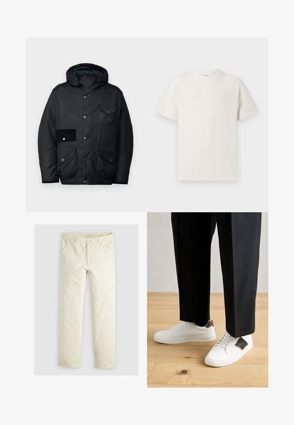 Jachetă neagră cu umplutură, cu glugă, butoane tip clapă, multiple buzunare, petice de catifea pe brațul stâng și căptușeală netedă.; Tricou alb cu maneci scurte, dintr-un material ribbed. Guler rotund, croi lejer, fără modele sau accente vizibile. Design simplu și versatil.; Pantaloni lejeri de culoare bej deschis, cu trei buzunare, bretele și un design cu picior drept. Realizați dintr-un material moale din amestec de bumbac.; Sneakers albe cu textură netedă, având accente din piele maro și detalii negre, asociate cu pantaloni negri pe măsură. Fundal din podea din lemn.