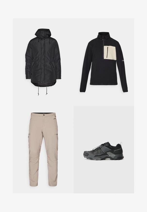 Juodas izoliacinis švarkas su gobtuvu, su užtrauktuku priekyje, dviem šoninėmis kišenėmis, reguliuojamais raišteliais juosmenyje ir apatine kraštine, bei lygiu paviršiumi.; Juodas fliso puloveris su pusiau užtrauktuku, turintis kreminės spalvos krūtinės kišenę ir tekstūruotą medžiagą. Įtraukti pečių akcentai ir logotipo detalė.; Šviesiai rudos spalvos lauko kelnės, pagamintos iš lengvos medžiagos, su dviem šoninėmis kišenėmis ir užtrauktuku uždaroma cargo kišenė, pritaikytas fitas ir lygus paviršius.; Juodas bėgimo trail avalynė su patvariu tinkleliu, sustiprinta pado dalimi, tekstūruotu gumuotu padu ir elastingu raištelių sistema, užtikrinančia tvirtą prigludimą.