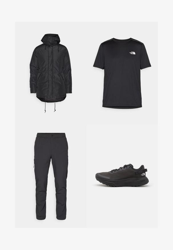 Melnā izolētā jaka ar kapuci, ar rāvējslēdzēju priekšā, divām sānu kabatām, regulējamiem aukliņām jostasvietā un apakšmalā, un gludu tekstūru.; Melnas īsām piedurknēm T-kreklas, izgatavots no viegla auduma. Uz kreisā krūtīm ir neliels balts logo un smalki plecu akcenti.; Melni, sašaurināti bikses ar elastīgu jostu, rāvējslēdzēja sānu kabatu un gludu, vieglu audumu. Ideāli piemērotas aktīvai nodarbībai.; Melna sporta apava ar sietiņu augšdaļu, mīkstu apkakli un gumijas zoli. Ar teksturētu dizainu un zīmolu uz papēža. Viegls konstrukcijas risinājums.