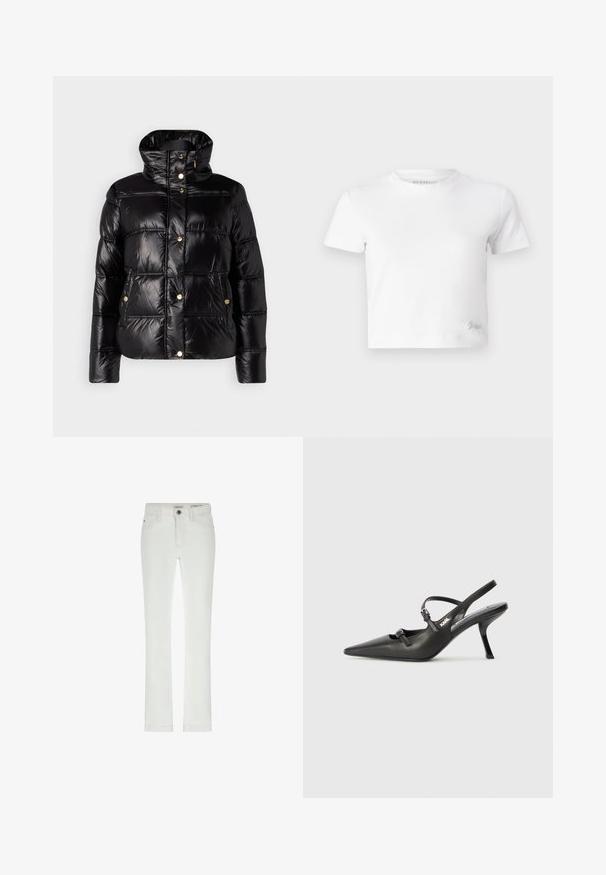 JOOP! Jachetă de iarnă - black; Tricou alb scurt, realizat din bumbac neted, cu gât înalt și mâneci scurte. Logo mic brodat în colțul de jos.; Jeans albe cu o croială slim, design cu cinci buzunare și cusături contrastante. Include un închidere cu nasture și un eticheta discretă a brandului la talie.; Pantofi cu toc slingback din piele neagră, cu vârful ascuțit, toc subțire și detaliu decorativ cu cataramă pe partea din față. Textură netedă și design elegant.