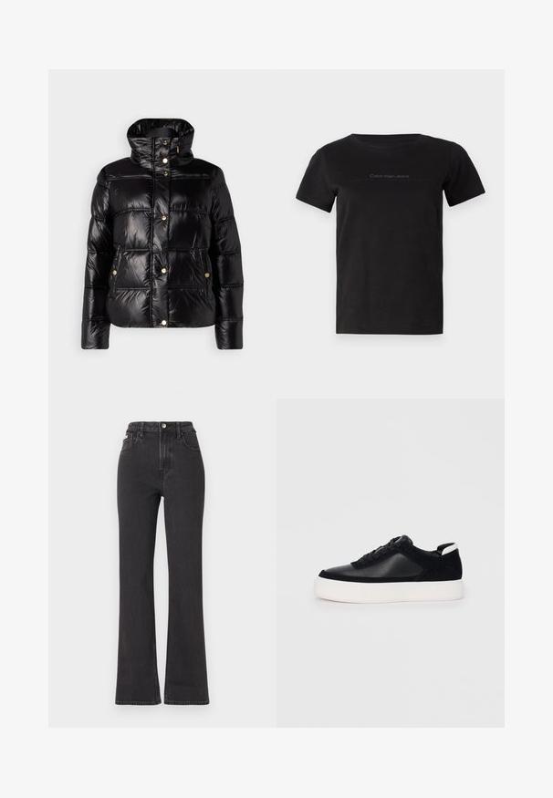 JOOP! Winter jacket - black; Black cotton t-shirt with a rounded neckline and short sleeves. Features subtle branding in gray across the chest area.; Black high-waisted flared jeans made of denim, featuring a button closure, belt loops, and side pockets. Smooth texture with minimal fading.; Black sneaker with smooth leather and suede panels, flat laces, rounded toe, and a white rubber sole. Distinct logo on the heel.