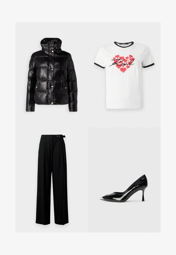 JOOP! Žieminė striukė - black; Balta medvilninė marškinė su juodais apvadais, su raudonu širdies grafiku, sukurtu šepetėlio potėpiais, ir juodu rankraščiu "Karl".; Juodos plačios kojų kelnės su aukštu liemeniu, priekinėmis klostėmis ir diržu su sagtimi. Pagamintos iš lygaus, lengvo audinio.; Juoda lakinė odinė batų pora su smailiu pirštu, sidabriniu metaliniu užmašu ir plonu kulnu. Išskirtinė sklandi, blizgi apdaila ir subtilus logotipo detalė.
