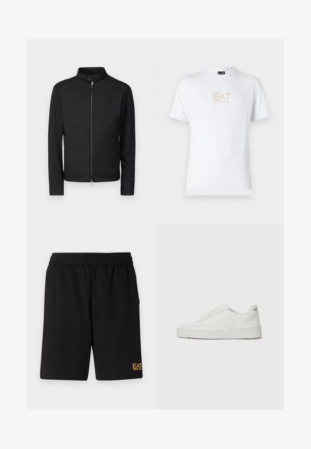 Mustus jakk, millel on seisva kraega, ees lukk ja lukuga küljetaskud. Sile kangas, kohandatud sobivus ja nähtamatu mustrida või aktsente.; Valge puuvillane T-särk, millel on ümmargune kaelus ja lühikesed varrukad, ning mille esiosal on kuldne EA7 Emporio Armani logo.; Mustad mustad lühikesed püksid, mis on valmistatud pehmest kangast. Omavad elastset vöökohta ja väikest kollast EA7 logo vasakul jalal.; Valge nahast tennis, millel on sile põhi, ümar varvas, lamedad nöörid ja tekstuuriline tall. Sisaldab diskreetset logo kontsaribal.
