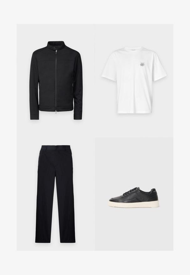 Svart jacka med ståkrage, frontdragkedja och fickor med dragkedja på sidorna. Slät tyg, skräddarsydd passform och inga synliga mönster eller detaljer.; Vit t-shirt i bomull med korta ärmar, rund hals och en liten grå logotyp på vänster bröst. Slät textur.; Svarta byxor med lätt, texturerad tyg, rak benmodell, elastisk midja och sidofickor med dragkedja.; Svart lädersneaker med texturerad finish, rund tå och platt vit gummisula. Har svarta snören och varumärke på hälen.
