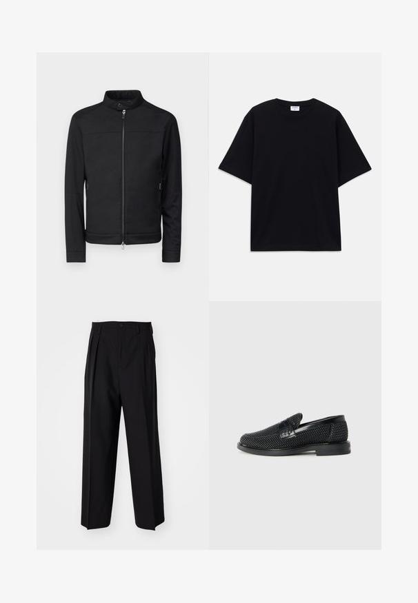 Svart jakke med ståkrage, frontglidelås og glidelåslommer på sidene. Glatt stoff, skreddersydd passform og ingen synlige mønstre eller detaljer.; Svart oversized t-skjorte med kort erm og rund hals, med synlig Filippa K-merkelapp inne i kragen.; Sorte plissert bukser med en rett, bred benform. Laget av glatt stoff, med knappelukking og beltehemper.; Sorte vevde slip-on sko med en glatt lærdetalj på overdelen, design med rund tå og en lavprofil gummisåle.