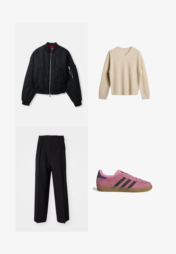 Must mustaplokk, millel on hõbedane eesmine tõmblukk, kaks küljetaskut, tõmblukuga varruka tasku, soonikkoes mansetid ja punane vooder.; Beez, ribakudumisega sviiter V-kaelusega ja pikkade varrukatega. Omab lõdva istuvust ja tekstuurset kangast, et lisada soojust ja mugavust.; Mustad volditud püksid sirge ja laia säärega disainiga. Valmistatud siledast kangast, millel on nuppudega sulgemine ja vööaasad.; Roosa seemneviziga toss, millel on mustad triibud, kummist soon, ja tekstureeritud lilla konts. Omab nööridega sulgemist ja reljeefset brändingut küljel.