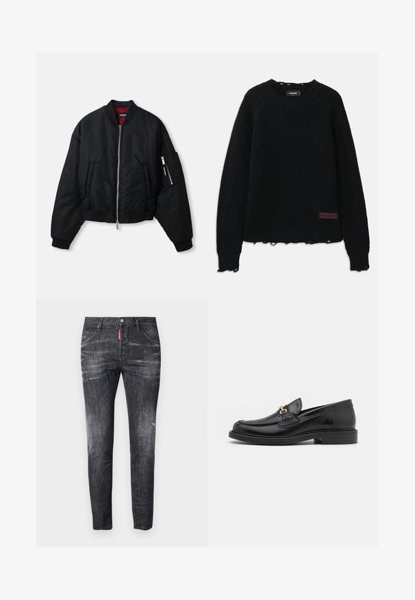 Veste bomber noire avec fermeture éclair avant argentée, deux poches latérales, poche zippée sur la manche, poignets côtelés et doublure intérieure rouge.; Pull en tricot noir à motif gaufré avec un col rond, des poignets côtelés, un ourlet effiloché et une petite étiquette en cuir marron en bas à gauche.; Jean en denim gris foncé avec une coupe slim, un léger dégradé, des marques d'usure sur les cuisses, cinq poches et un détail de label rouge contrastant.; Mocassins en cuir noir avec un embout rond, présentant des accents en métal doré et des détails de couture, montés sur une semelle en caoutchouc texturé et basse.